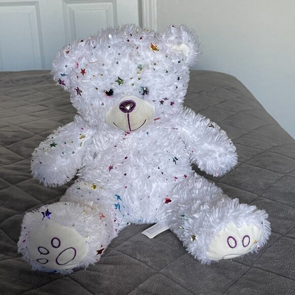 White Teddy Bear 12" Plush Stuffed Toy Colorful Glitter Sparkle Stars - Picture 1 of 8